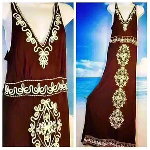 CHOCOLATE BROWN Womans MAXI Dress Rhinestone Embroidery Accents TALL size Med